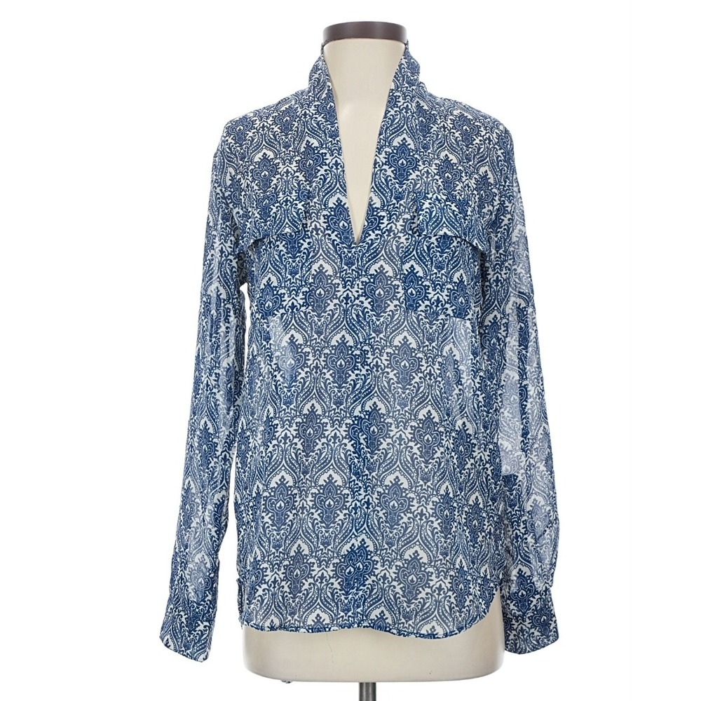 Alloy Apparel Womens Blue Paisley Damask Sheer V-Neck Blouse Size S‎ Long Sleeve